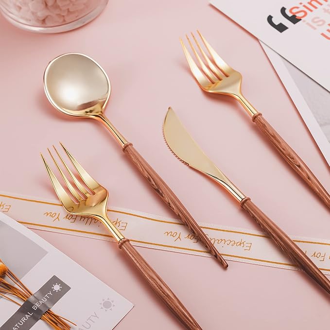 Lullaby 240PCS Gold Plastic Silverware, Gold Disposable Cutlery with Wood Grain Handle Include 80 Forks, 80 Spoons, 80 Knives, Elegant Disposable Silverware for Wedding, Party, Gathering, Daily Use