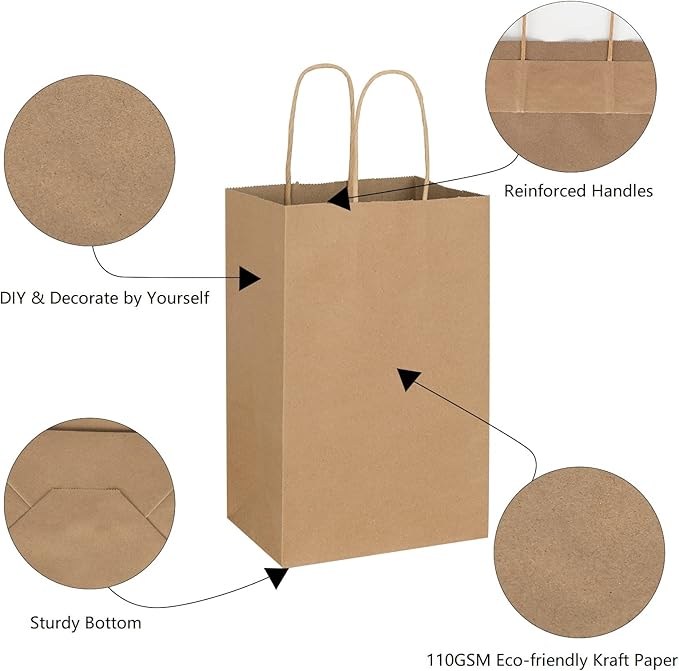 Toovip 50 Pack 5.25x3.25x8.25 Inch Small Plain Brown Kraft Paper Bags with Handles Bulk, Gift Bags for Favor Grocery Retail Party Birthday Shopping Business Goody Craft Merchandise Take Out Sacks