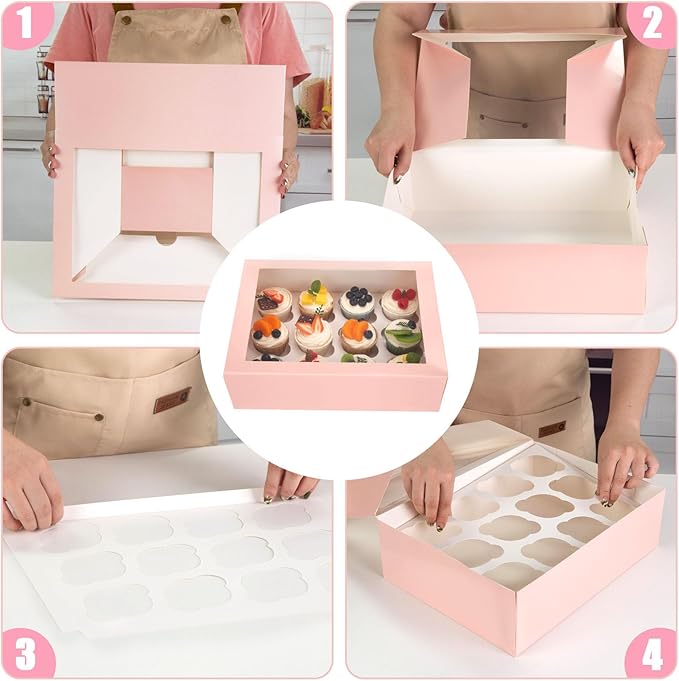 VGOODALL 12 Count Cupcake Boxes, 6PCS 13.2x9.8x4Inches Pink Cupcake Container with Window Boxes Holding 72 Pastry Box for Birthday Holiday Party Bakery Supplies