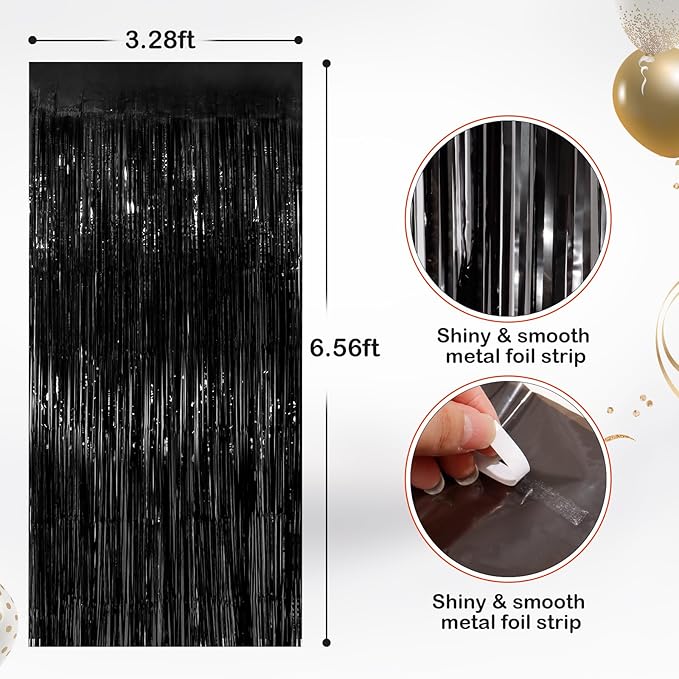 2 Pack Black Metallic Tinsel Foil Fringe Curtains, Door Streamers Photo Booth Backdrop for Birthday Party, Tinsel Curtain Backdrop for Baby Shower Bachelorette Christmas Party Decorations