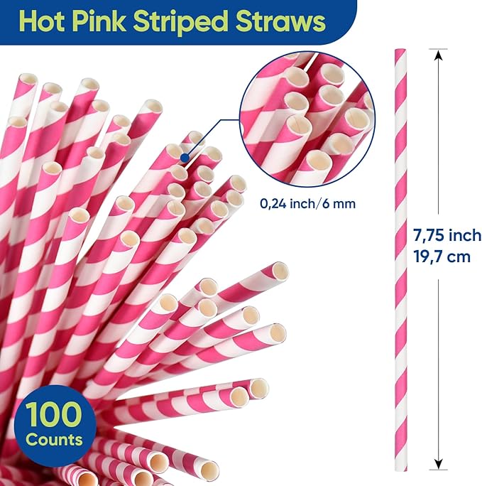 7.75 inch Hot Pink Striped Paper Straws for Drinking - Unwrapped, 100 Counts - for Party, Wedding, Cocktail, Beverage