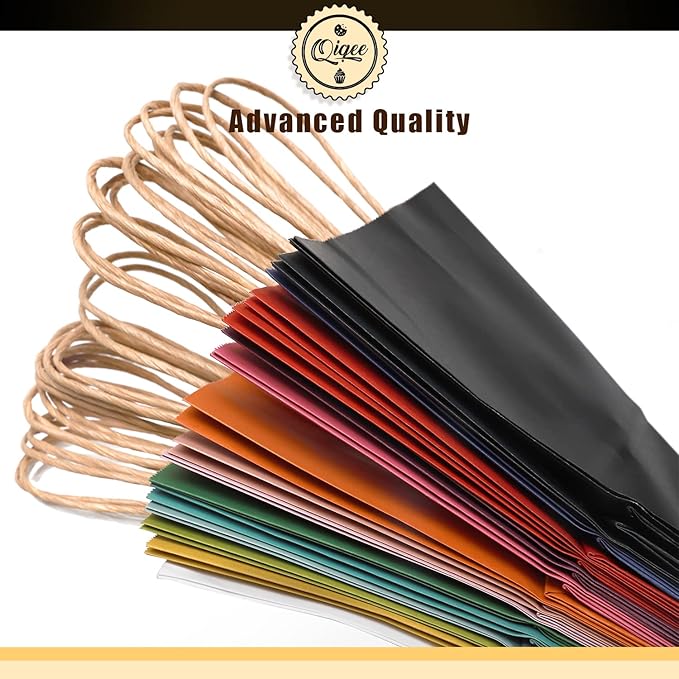 qiqee 100Pcs Small Size Paper Gift Bags with Handles - 8.3"x6"x3.15" Kraft Small Party Bags - 16 Solid Colors