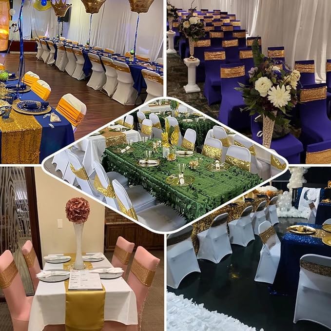 10 Pcs Sequin Chair Sashes Stretch Chair Bands Spandex Polyester Bows for Party Hotel Wedding Banquets Decoration - Rose Gold