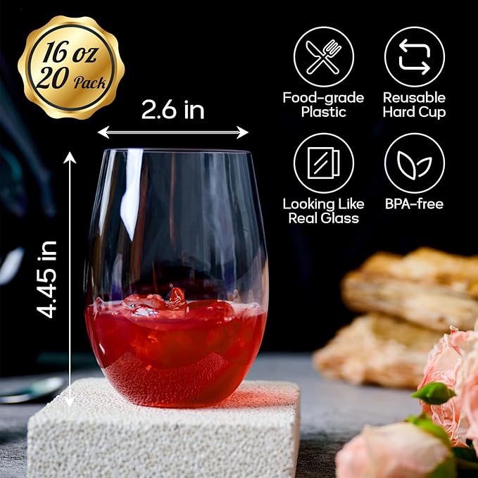FOCUSLINE 20 Pack 16 Oz Plastic Wine Glasses, Stemless Plastic Wine Cups Heavy Duty, Unbreakable Disposable Wine Glasses for Wedding or Party