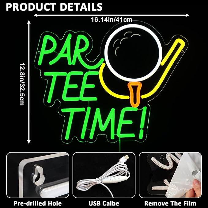 Neon Sign for Wall Decor, Par Tee Time Neon Sign, 16.14" x 12.8" Golfing LED Sign USB Dimmable Golf Ball Neon Lights for Room, Party, Club, Office, Man Cave, Window, Wall Decor