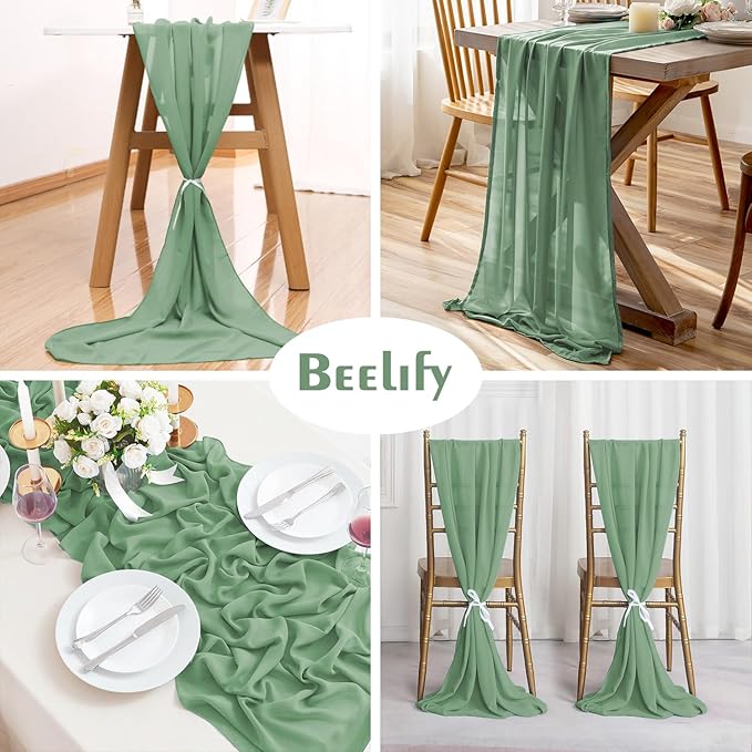 6 Pack 10 Ft Chiffon Table Runner Sage Green Gauze Long Table Runners 27x120 Inches Sheer Tulle Table Runner for Rustic Wedding Reception Bridal Shower Decorations Birthday Party