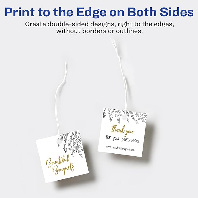 Avery Square Tags, Sure Feed Technology, 2" x 2", Matte White, Strings Included, 120 Total, Print-to-The-Edge, Laser/Inkjet Printable (80513)