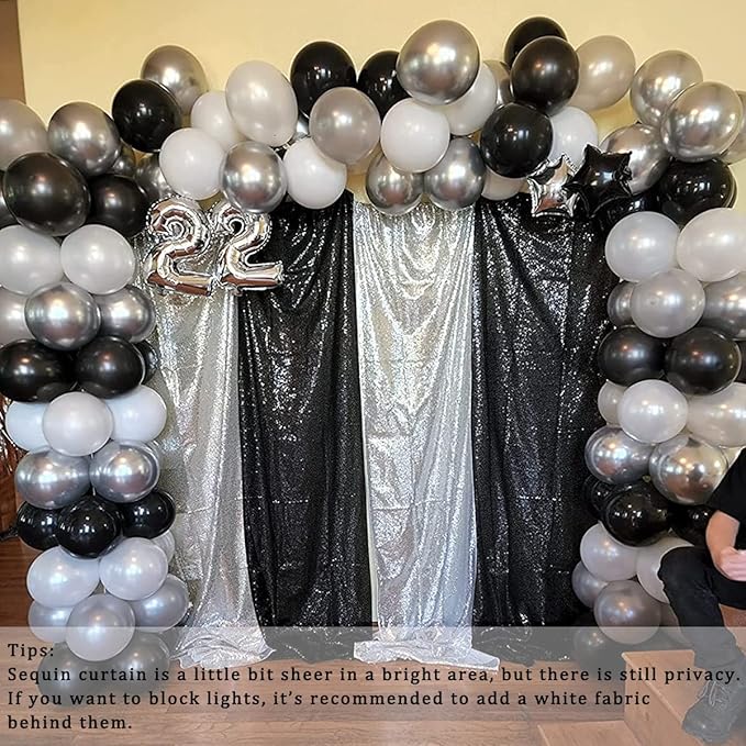 Sequin Backdrop Curtains 2FTx8FT 4 Panels Glitter Drapes Sparkly Photography Background for Wedding Birthday Party Bridal Baby Shower (Silver x 2+Black x 2)