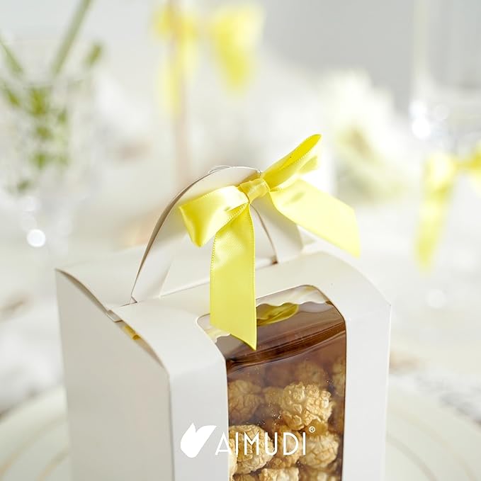AIMUDI Yellow Bows 2.5" Satin Bows with Twist Tie Premade Craft Bows for Treat Bags Cake Pop Gift Wrapping Basket Wedding Favors Cookie Candy Bagging Baby Shower - 50 Counts