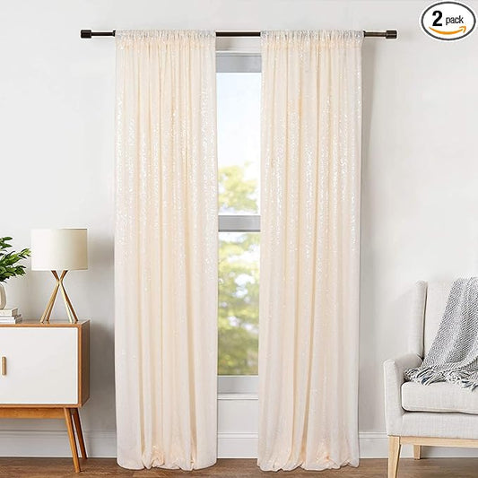ShinyBeauty Sparkle Backdrop Curtain Ivory 2 Panels Set Sequin Photo Backdrop 2FTx8FT Sequin Backdrop Curtain Pack of 2-1220S