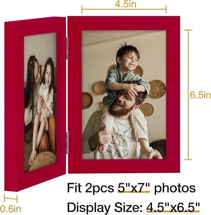 decorUhome Double 5x7 Picture Frame Vertical, Engineered Wood Bifold Photo Frame with Plexiglass for Tabletop Display, 5x7, Red