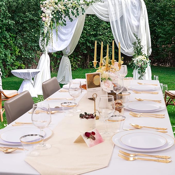 KIRE 100PCS Disposable Plates - White with Gold Rim for Thanksgiving Party/Wedding - Includes 50Pieces 10.25inch Dinner and 50Pieces 7.5inch Dessert/Salad Plates