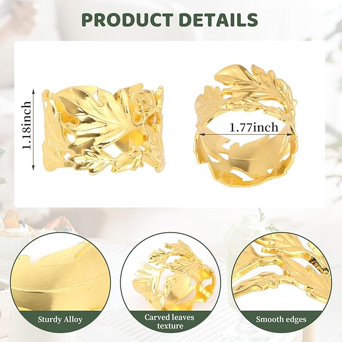 Gold Leaf Napkin Rings Set of 12, Mgrlfbl Golden Leaves Fall Napkins Rings Alloy Holders Bulk for Thanksgiving Weddings Christmas Table Setting Decor,Holiday Dinner,Birthday Party Decoration(Round 12)