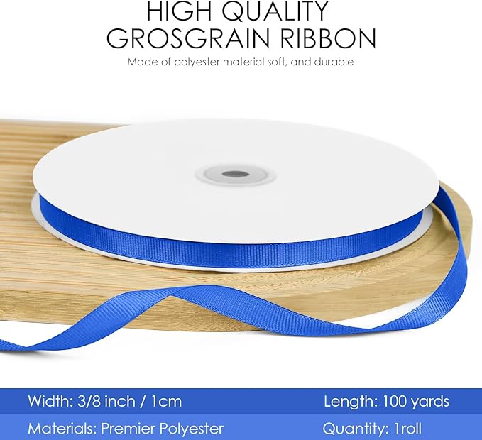 100 Yards 3/8 inch Grosgrain Ribbon, Solid Color Fabric Ribbon Perfect for Gift Wrapping, Wedding, Handmade Bows, Floral Bouquets and Party Decoration(Royal Blue)