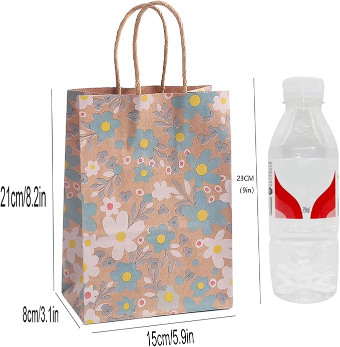 24pcs Floral Pattern Kraft Paper Bag Gift Bags with Handles for Party Favors, Mothers Day, Weddings, Birthday Celebration, Baby Shower,8.26×5.9×3.14inch
