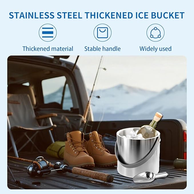 3L Stainless Steel Double-Wall Insulated Ice Bucket with Lid, Tongs & Strainer – Large Ice Bucket for Parties, Wine, Beer, Champagne & Cocktail Bar