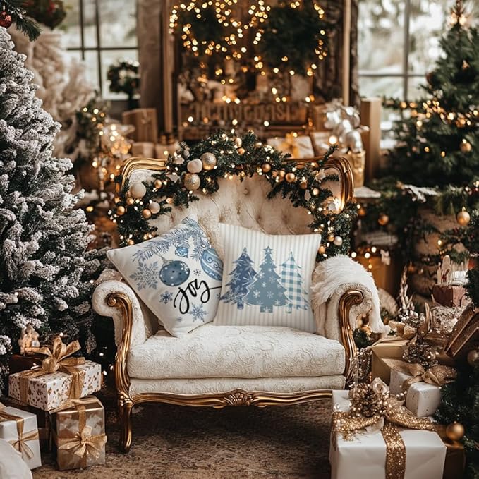 GEEORY Winter Christmas Throw Pillow Covers 16 x 16 Inch Set of 4, Xmas Trees Snowflake Snowman Joy Plaid Holiday Farmhouse Decorative Cushion Cases for Home Decoration G582-16