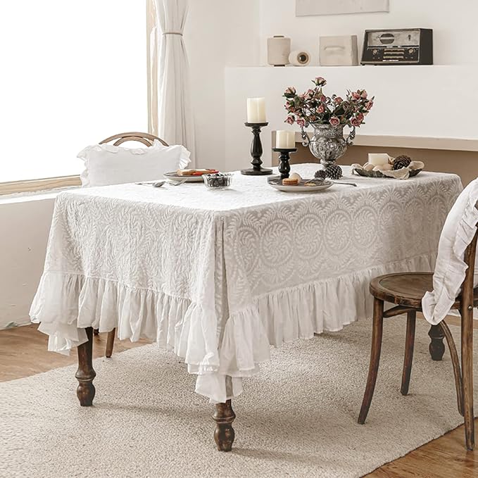 patdrea Vintage Ruffle Tablecloth for Square Tables,Farmhouse Embroidered Cotton White Lace Table Cloth Cover Decor for Dining Room Wedding Banquet Thanksgiving Christmas,67"*67"