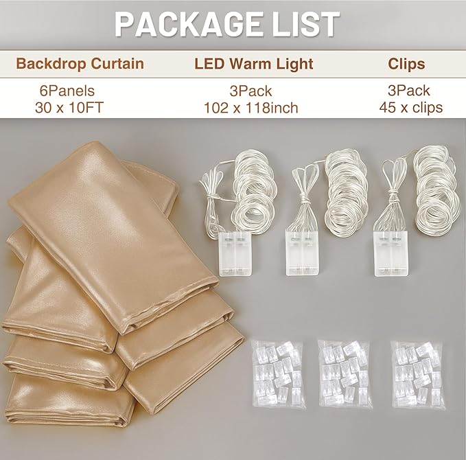 PartyVillage 30x10FT Champagne Gold Sequin Backdrop Curtain with String Lights – 6 Panels 5x10FT Sparkly Wrinkle-Free Glitter Backdrop Drapes for Wedding, Birthday, Photography, Graduation Party Décor