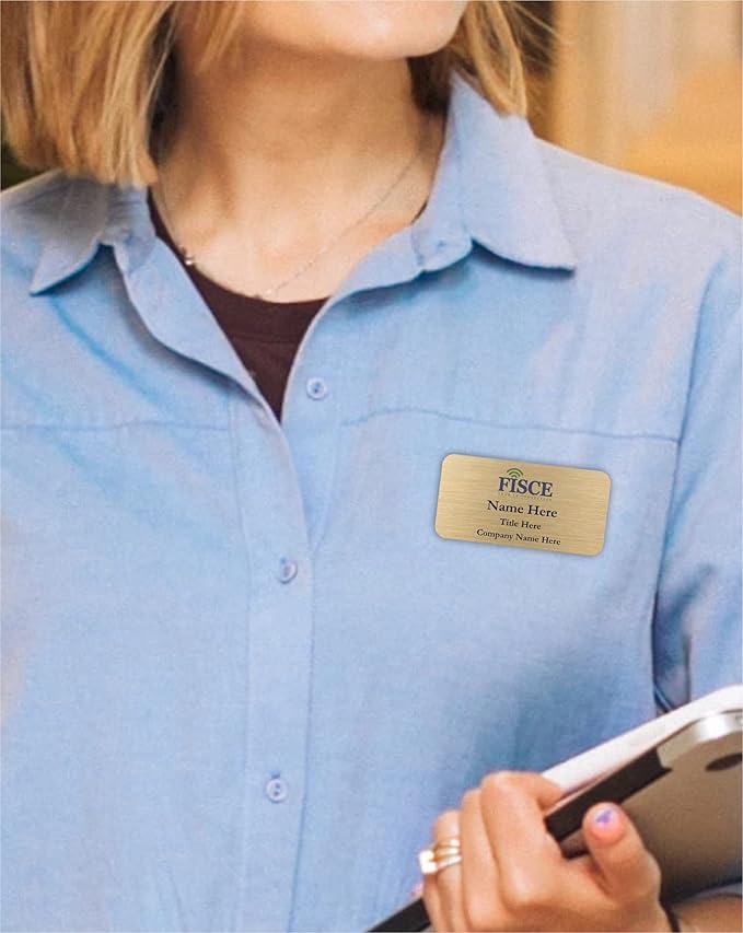 Custom Name Tag with Logo - Personalized Name Badge with Magnet Backing - Choose Your Size and Color (Gold Metal 3"x1.5" - Logo on Top)