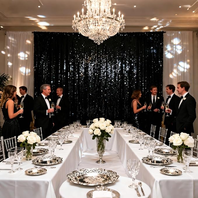 VOK Black Sequin Backdrop Curtains 4 Panels 2FTx8FT Glitter Photography Background for Wedding Birthday Christmas Party Decorations