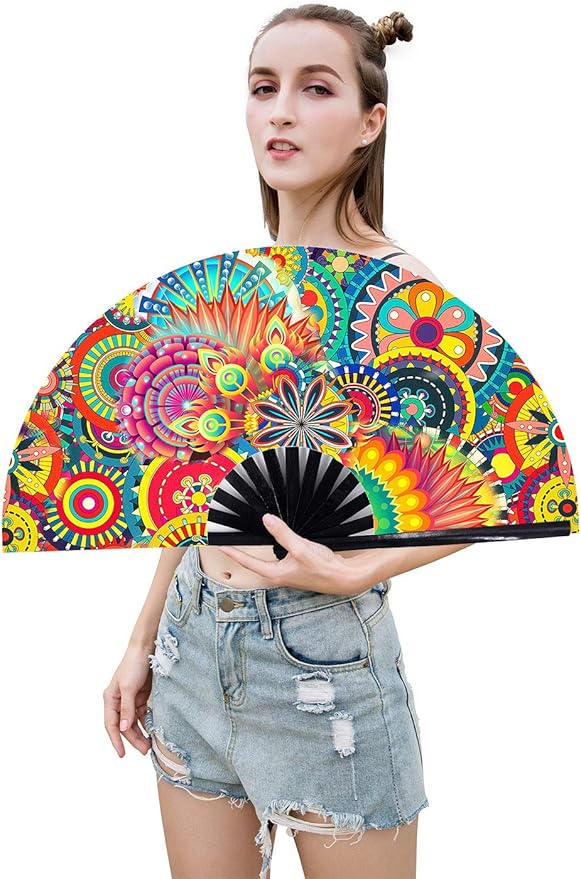 Amajiji Large Folding Hand Rave Fan Popping Fan for Line Dancing Clacking Fans for Boots On The Ground Dance,Party,Decoration,Festival (Dream Ｆlower)