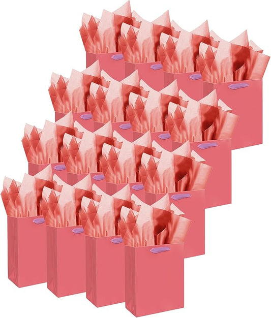 Gcardist Salmon Gift Bags with Tissue Paper for Wedding, Birthday, Party Supplies-7.9"x4.3"x9.6" Medium Size Cardboard Gift （16pcs Bags +32pcs Tissue Paper ）