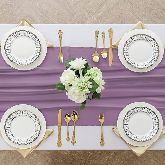 2 Pack 10 Ft Chiffon Table Runner Lavender Gauze Long Table Runners 27x120 Inches Sheer Tulle Table Runner for Rustic Wedding Reception Bridal Shower Decorations Birthday Party