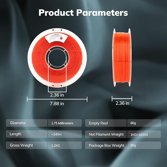 AMOLEN Rapid PETG Transparent 3D Printer Filament 1.75mm +/-0.02mm,Transcucent petg 500mm/s High Speed Strong Toughness Orange 1KG/2.2lb