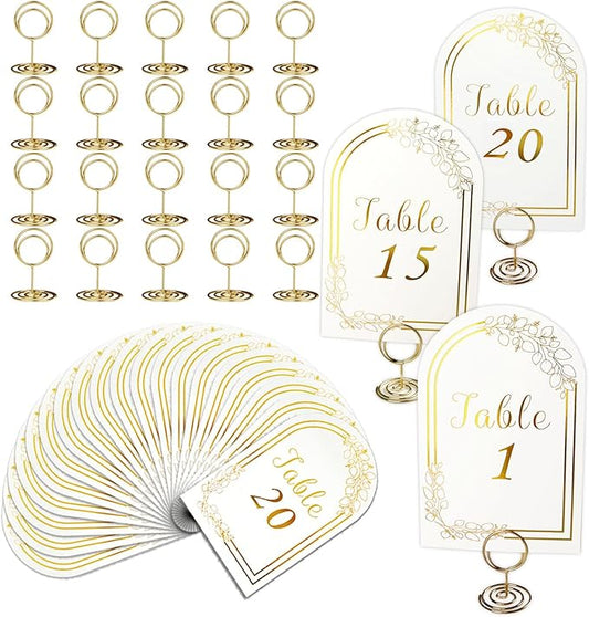 Wedding Table Numbers 1-20, 20 White Gold Tables Number Cards with 20 Gold Table Holders, 1 Set of 20 Numbers Card for Wedding Reception(Card and Holder)