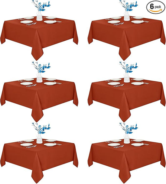 Fitable 6 Pack Square Fall Tablecloths - 70 x 70 Inches, Rust - Stain Resistant and Reusable Table Clothes, Polyester Fabric Table Covers for Dining, Card Tables, Coffee Tables