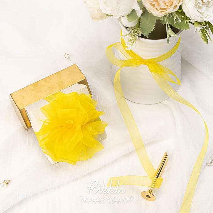 Ribbli Danffodil Yellow Organza Ribbon,1/2 Inches x Continuous 50 Yard, Yellow Sheer Ribbon for Gift Wrapping,Cookie Wrapping,Wedding Decoration,All Crafting and Sewing