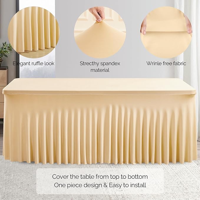 Wish Care 6 Pack Champagne Spandex Table Clothes for 8 Foot Rectangle Tables, 8FT Wrinkle Free Fitted Tablecloths Ruffles Design Table Cover for Party, Banquet, Wedding and Events