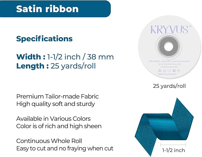 Turquoise Satin Ribbon 1-1/2 inch X Continuous 25 Yards, Single Face Polyester Ribbon Perfect for Gift Wrapping, Flower Bouquet, Wedding Decor, Crafts, Bow Making, Sewing and More