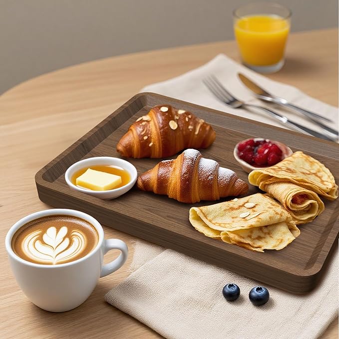 Wood Serving Tray, 16x12in Food Drinks Tray Rustic Rectangular Tray Decorative Serving Platter for Ottoman, Breakfast in Bed, Dinner, Coffee Tablecch