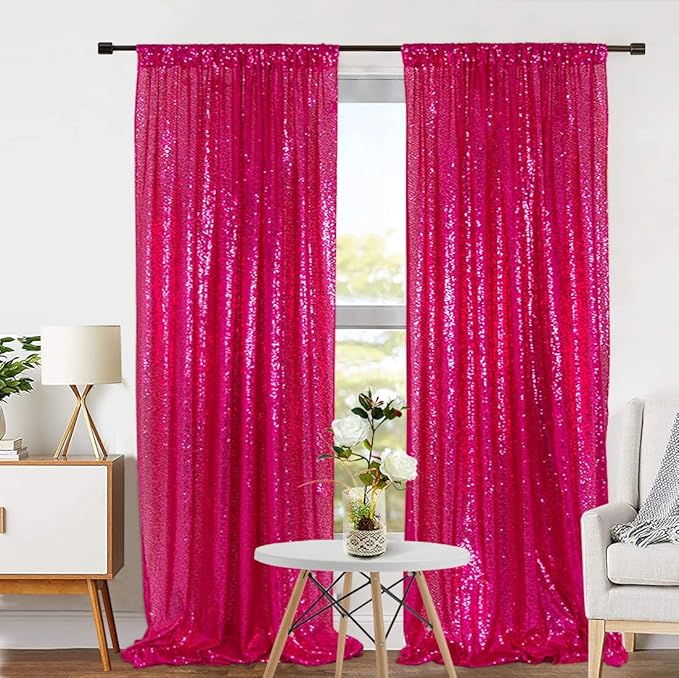 Eternal Beauty Sequin Backdrop Curtains, 2x8 Ft-2 Panels Hot Pink Back Drop for Shimmer Photography Party Wedding Birthday Decor