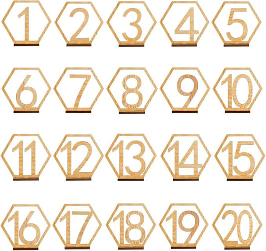 Wooden Table Numbers, Hexagon Shape 1-20 Wedding Table Numbers with Holder Base Rustic Hollow Out Wood Table Numbers Card for Wedding Party Event Catering Decoration (Hexagon)