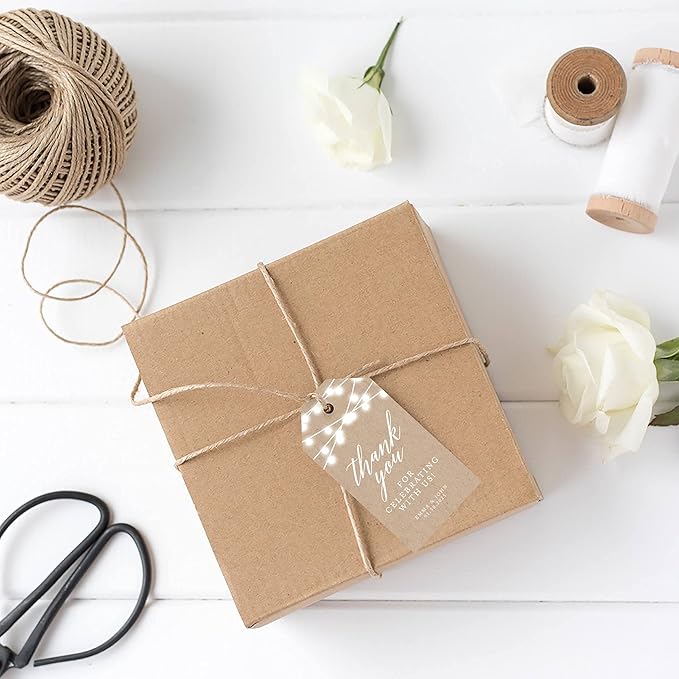 Andaz Press 100-Pack Personalized Thank You for Celebrating with Us Wedding Favor Tags with Bakers Twine Rustic String Lights Custom Cardstock Wedding Gift Tags for Party Favors 2 x 3.75-Inches
