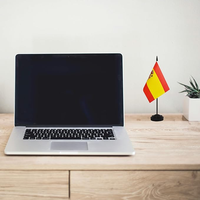 2 Pack Spain Desk Flag Set, Spanish Desktop Small Miniature Table Office Flag with 12" Black Pole and Black Base, Offices, Classroom, Home, Festival Decoration (Spain)