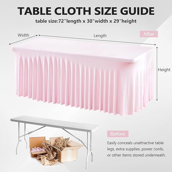 Wish Care 6 Pack Pink Spandex Table Clothes for 6 Foot Rectangle Tables, 6FT Wrinkle Free Fitted Tablecloths Ruffles Design Table Cover for Party, Banquet, Wedding and Events