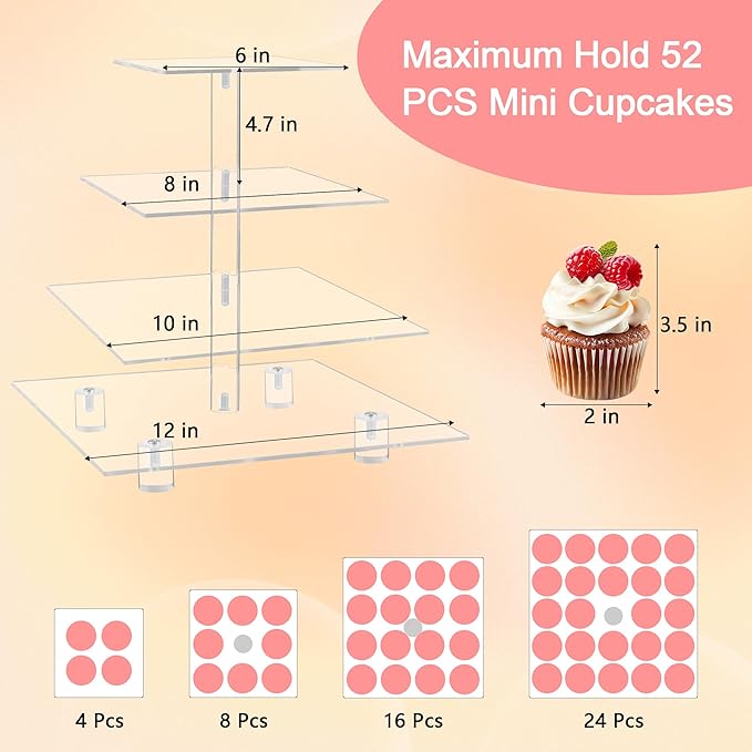 YestBuy 4 Tier Acrylic Cupcake Stand with Base, Premium Cupcake Holder, Acrylic Cupcake Tower Display Cady Bar Party Décor – Display for Pastry(4.7" Between 2 Layers)…
