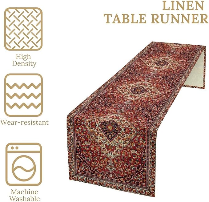 Boho Floral Vintage Table Runner, Paisley Retro Red Flower Rustic Country Farmhouse Abstract Pattern for Home Kitchen Table Decor Dining Coffee Room Party Decor 13x36in