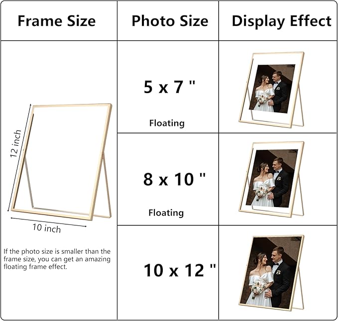 Gold 10x12'' Floating Frame Set of 2,For Photo Sizes 5x7'', 7x9'', 810'', 8.5x11'', Metal Frames for Tabletop/Shelf Display,Classy Gift Choice for Wedding,Birthady,Home or Office Decor