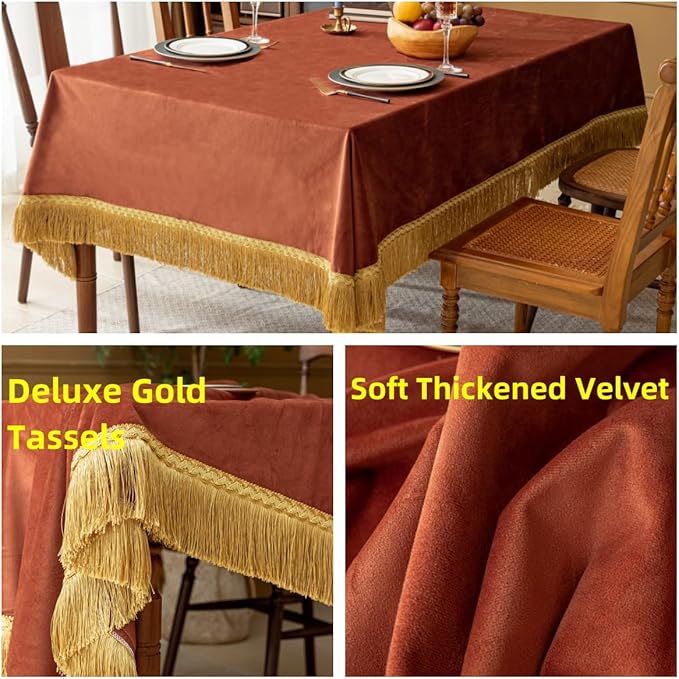 F-CHU Luxury Burnt Orange Tablecloth Thickset Velvet Tablecloth with Beautiful Gold Tassels Table Cloth for Home Decor Wedding, Party, Banquet and Events 60x120-Inch