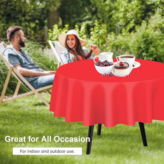 QIKSION Red Round Tablecloth 12 Pack, 84 Inch Plastic Table Cover Disposable for Parties