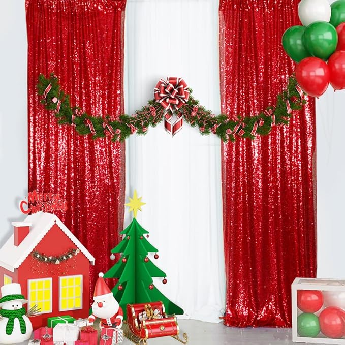SquarePie Sequin Curtain Backdrop 2FT x 8FT Red 2pcs Background for Wedding Party Christmas
