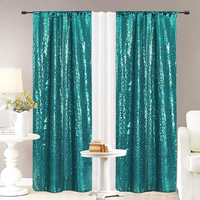 Eternal Beauty Teal Sequin Backdrop Curtains, Shimmer Back Drop 2Panels-2FTx8FT for Christmas, Party, Birthday, Photography, Wedding, Baby Shower Event Decoration