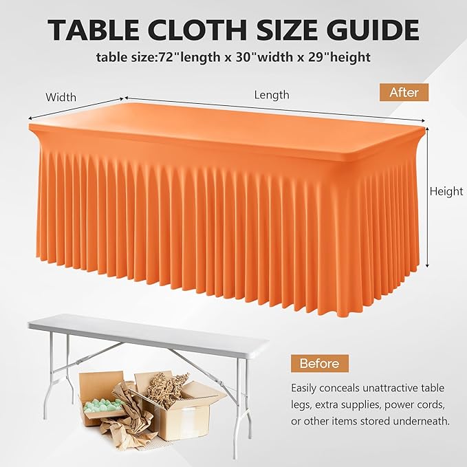 Wish Care 2 Pack Orange Spandex Table Clothes for 6 Foot Rectangle Tables, 6FT Wrinkle Free Fitted Tablecloths Ruffles Design Table Cover for Party, Banquet, Wedding and Events