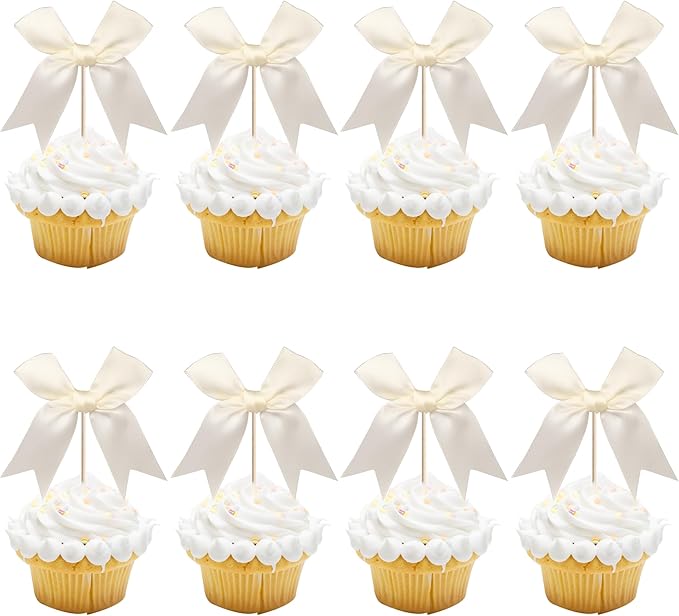 24 PCS Bow Cupcake Toppers Bowknot Coquette Bow Girls Birthday Cake Decorations Bow Cake Toppers Bowknot Cupcake Picks for Baby Shower Birthday Wedding Bridal Engagement Party Supplies Beige