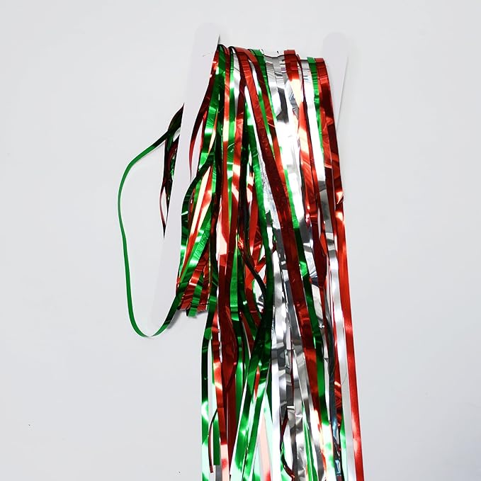 BRAVESHINE 2 Pack Fringe Backdrop Red Silver Green Christmas Party Decorations 3.2 x 6.6 ft Tinsel Foil Curtain Party Streamer Metallic Photo Backdrop for Christmas, New Year Decor
